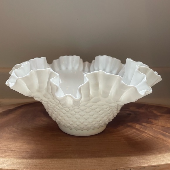 Other - Vintage White Milk Glass Hobnail Ruffled Bowl